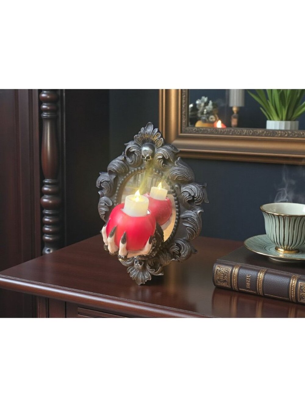 New Halloween Spooky Night LED Lighted Candle Mirror Witch Hand W/ Poison Apple